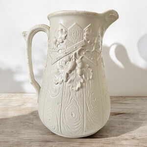 RARE LARGE ANTIQUE PITCHER 1867 COPELAND PARIAN SALT WASH SATIN GLAZE JUG. ACORN